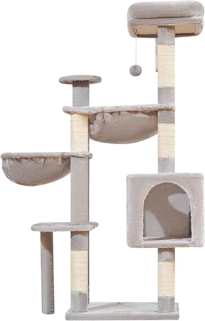 Taoqimiao Cat Tree, 51-Inch Cat Tower for Kittens, Cat Tree Tower with 5 Scratching Posts, Plush Cat Condo with Plush Perch, 2 Hammock, Pompoms, Light Gray MS019XL-W
