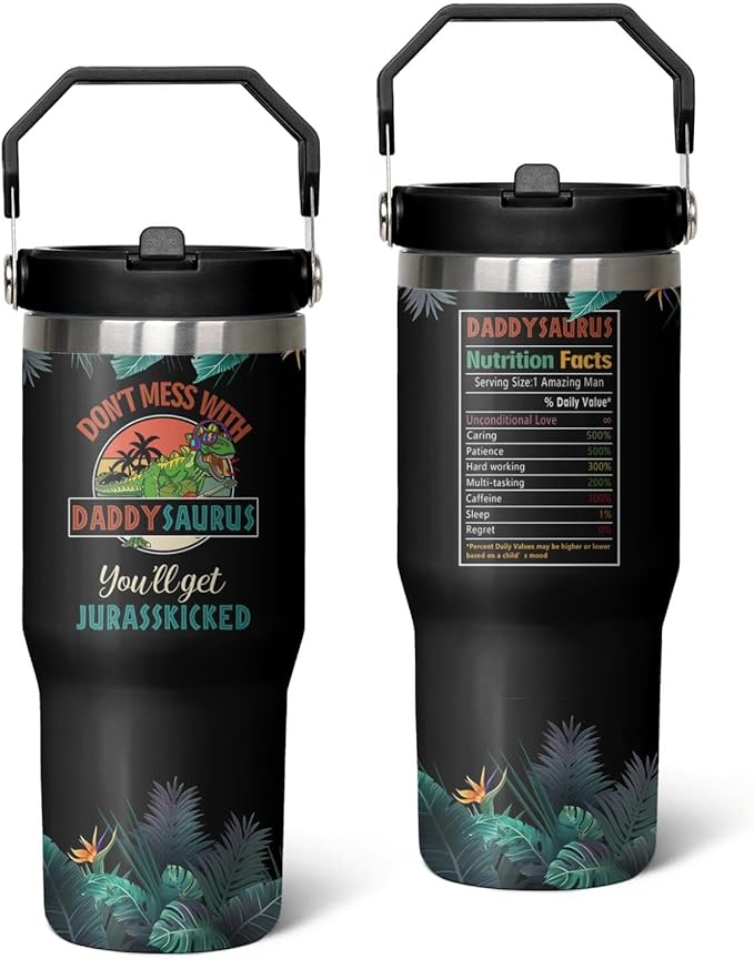 30 Oz Papasaurus Tumbler with Handle and Straw, Daddy Cup Insulated Best Daddy Mug, Double Wall Stainless Steel Dadasaurus Cup, 30 Oz Leak Proof Daddy Mug and Travel Mugs for Dad Gifts