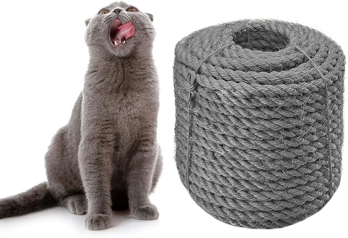 Sisal Rope 6mm for Cat Scratcher Repair and Replace Cat Scratching Post, DIY Scratching Furniture - Cat Tree, Scratch Carpet & Mat, Cat Kicker Toys, Gray 66ft/20m