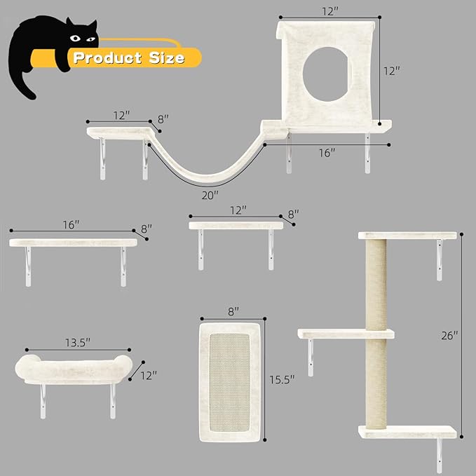Wall Mounted Cat Furniture, 6pc Cat Wall Furniture, Cat Climber with Cat House, Bridge, Tree, Steps, and Scratcher, DIY Cat Walls Playground, Cat Shelves for Indoor Wall Furniture Set - White