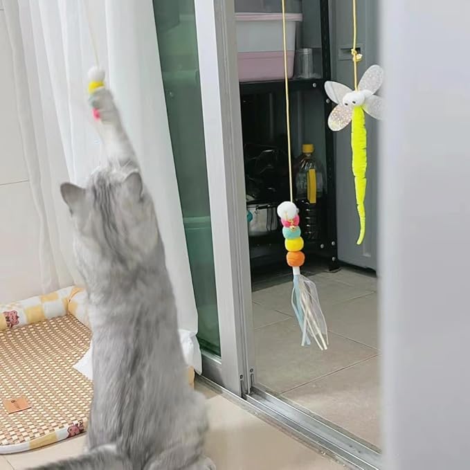 AYWVRBST 6Pcs Retractable Cat Toy with Bell, Hanging Interactive Cat Toy 6 Different Pieces, Cat Chase Practice, Indoor Cat Self-Play Toy, Cat Teaser Toy with Adhesive Hooks