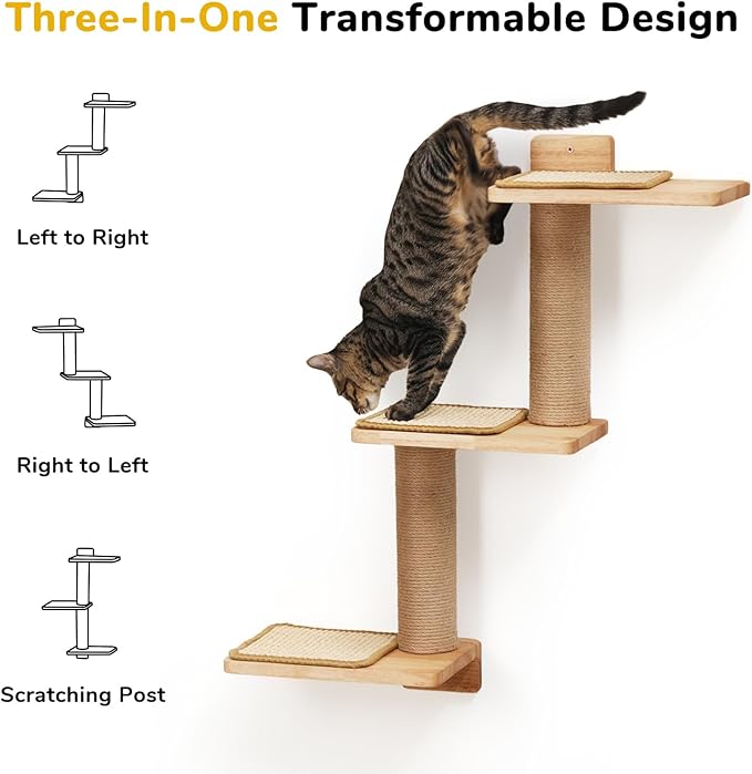 FUKUMARU Cat Wall Shelves, 3 in 1 Transformable Cat Scratching Post Wall Mounted, DIY Cat Wall Jungle and Cats Perch Platform Supplies, Suit for Cats Climb, Play, Nap, Scratch
