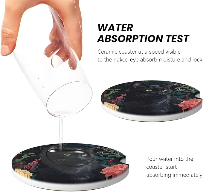 Absorbent Ceramic Car Coasters for Cup Holders, Vintage Flower Black Cat Design 2.56" Anti Slip Universal Drink Cup Coasters for Women Men (2 Pack)