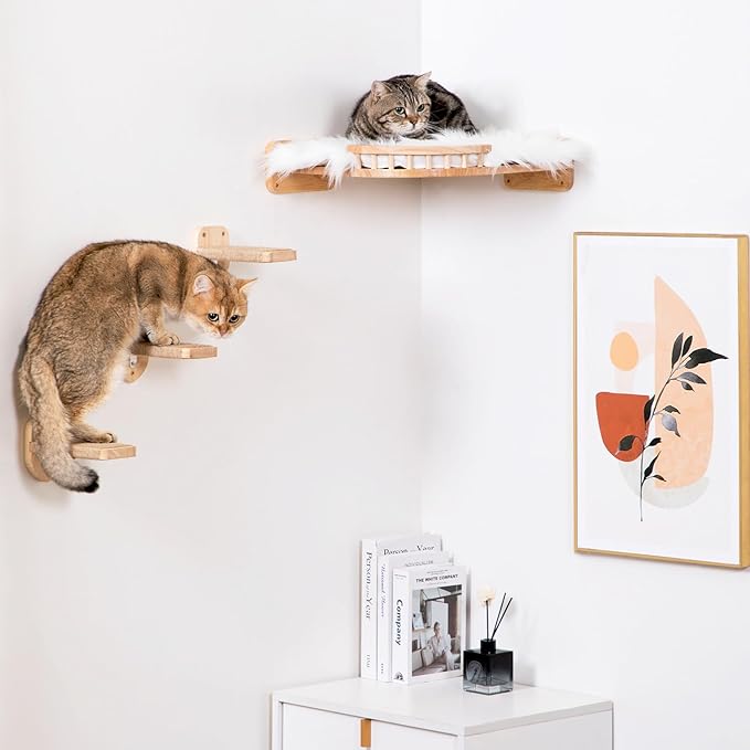 Cat Wall Shelves, Corner Cat Shelf with 3 Cat Wall Steps, Cat Shelves for Wall Large Cats Set, Cat Wall Bed with Plush Covered, Wall Mounted Cat Climbing Shelf for Indoor Cats (RubberWood)