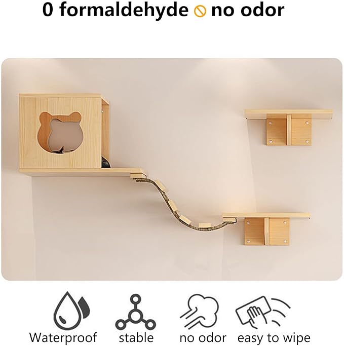 Cat Wall Shelves/Furniture, Shelves, Perches and Steps Set with 2 Cat Condos House, 6 Shelves, 2 Ladder, 1 Sisal Cat Scratching Post