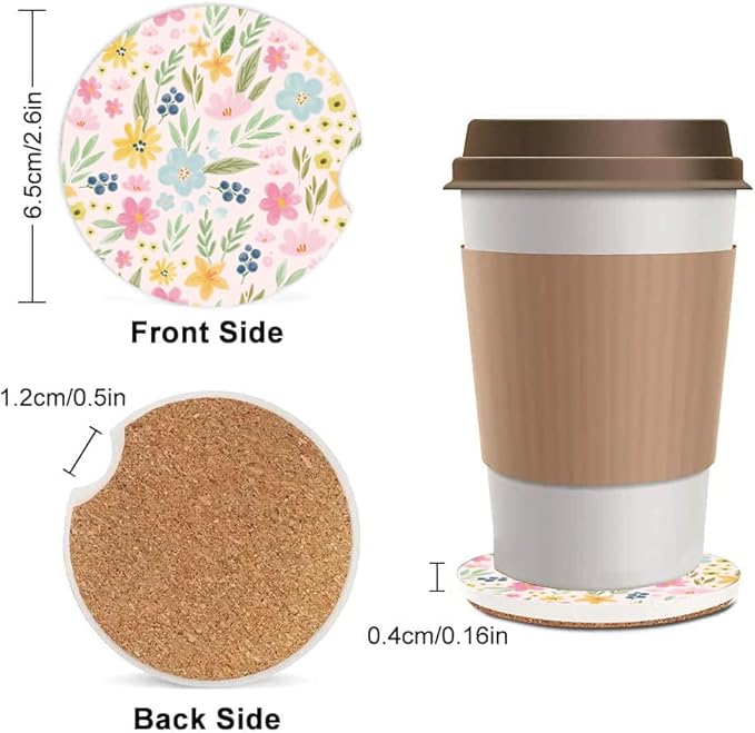 Absorbent Car Cupholder Coaster 2 Pack, Cute Car Coasters with a Finger Notch for Women & Men,2.56" Ceramic Stone & Non-Scratch Cork Base Drink Coasters, Cute Auto Accessories Gifts