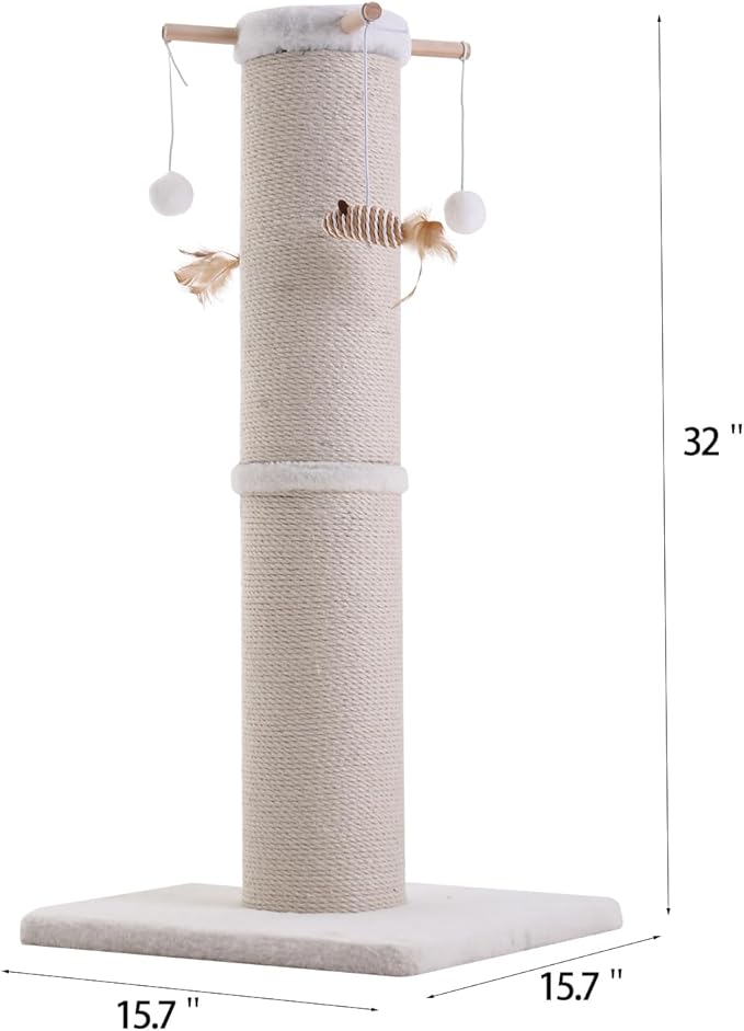 Cat Scratching Post, 32 Inch Large Cat Scratch Post for Adult Cats and Kittens, Nature Sisal with Hanging Toys, Modern Cat Scratcher for Indoor Cats, Protect Your Furniture, Beige