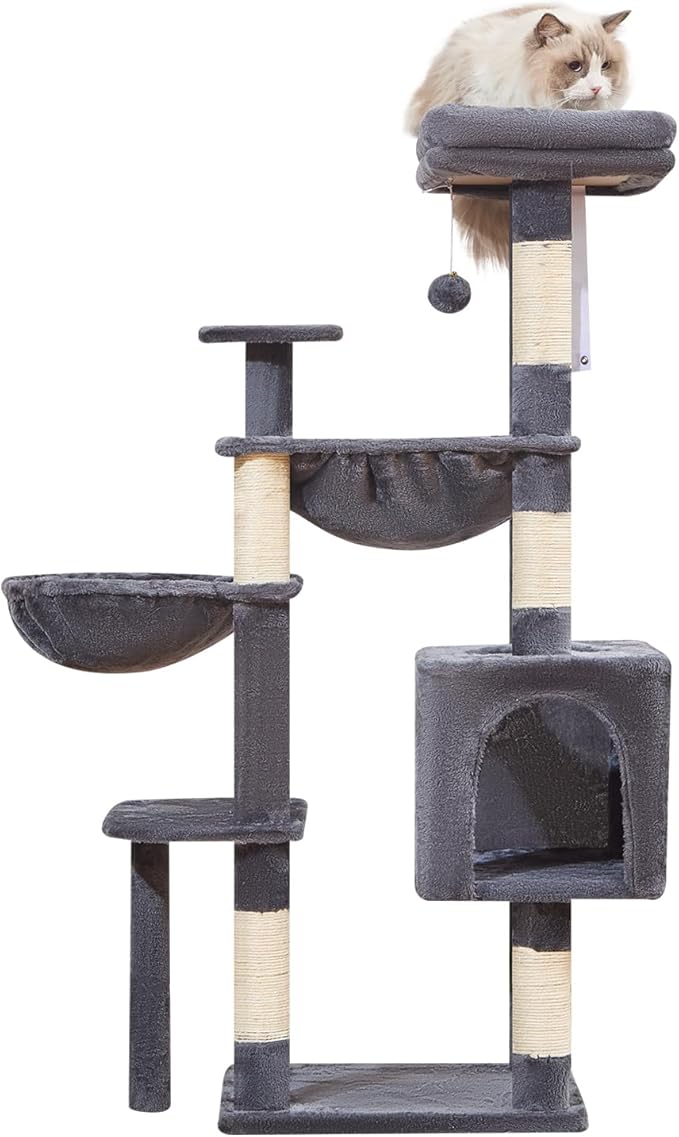 Taoqimiao Cat Tree, 51-Inch Cat Tower for Kittens, Cat Tree Tower with 5 Scratching Posts, Plush Cat Condo with Plush Perch, 2 Hammock, Pompoms, Smoky Gray MS019XL-G