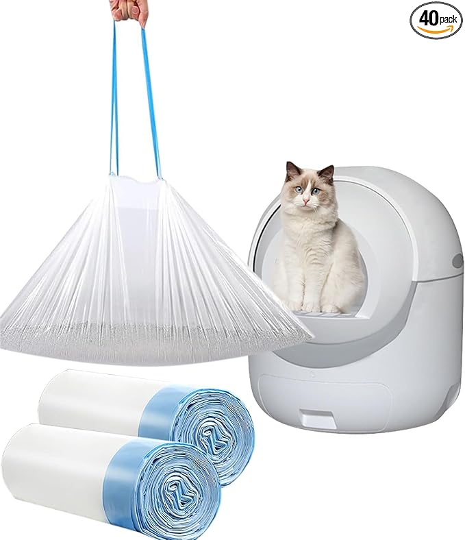 40 Count Cat Drawstring Litter Box Liners 26.6x16.7 inches 2Mils Super Thick White Cat Litter Waste Bags Poop Bags for Self-Cleaning Litter Box Cat Litter Pan Trays (Blue Drawstring 40 count)