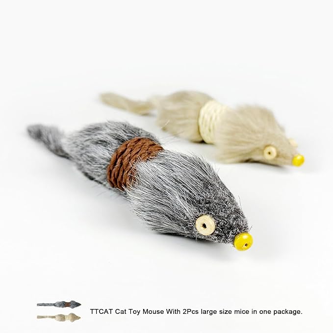 2PCS Cat Mice Toys,Faux Fur Cat Large Size Mice Toys with Plastic Body, Interactive Catch Play Mouse Toy for Indoor Cats,Kittens