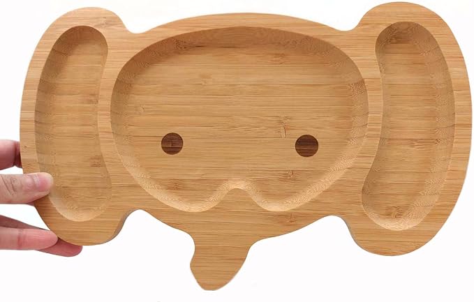 4914, Bamboo Food Plate for Snacks Appetizer Fruit Vegetable | Children Meal Plate | Picnic Kitchen Party | Divided Two Compartment Plate, Elephant Face Shaped, 11.5"x7.5", 1 Pack