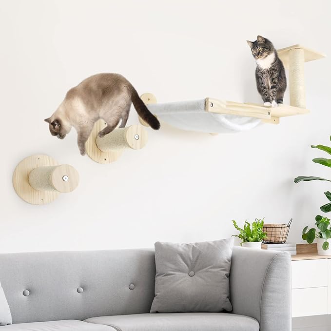 SONGWAY Cat Shelves and Perches for Wall - Wall Mounted Cat Shelf with 2 Sisal Cat Steps, Perches and Cat Hammock, Wooden Cat Bed & Furniture for Indoor Cats Climbing, Lounging, Scratching