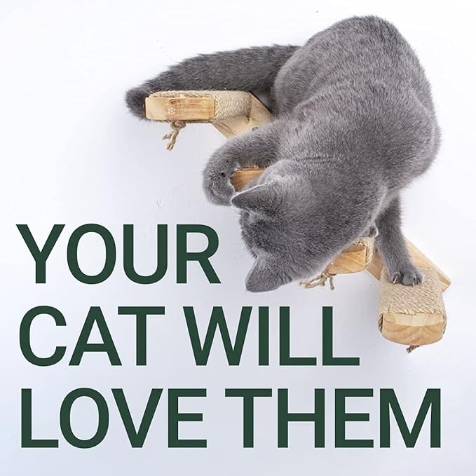 Skywin Cat Wall Steps - Solid Rubber Wood Cat Stairs Great for Scratching and Climbing - Easy to Install Wall Mounted Cat Shelves for Playful Cats (Wood, Right-Left)