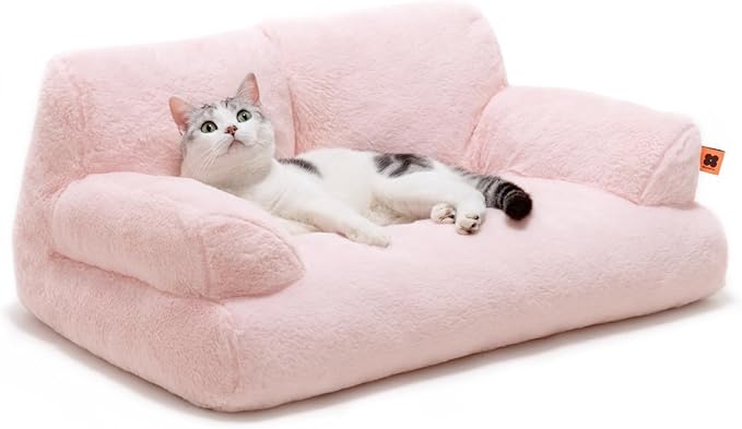 MEWOOFUN Pet Couch Bed, Washable Cat Beds for Medium Small Dogs & Cats up to 25 lbs, Dog Beds with Non-Slip Bottom, Fluffy Cat Couch, 26×19×13 Inch (Pink)