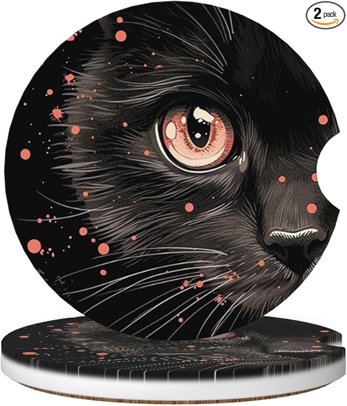 Absorbent Ceramic Car Coasters for Cup Holders, Black Cat Design 2.56" Anti Slip Universal Drink Cup Coasters for Women Men (2 Pack)