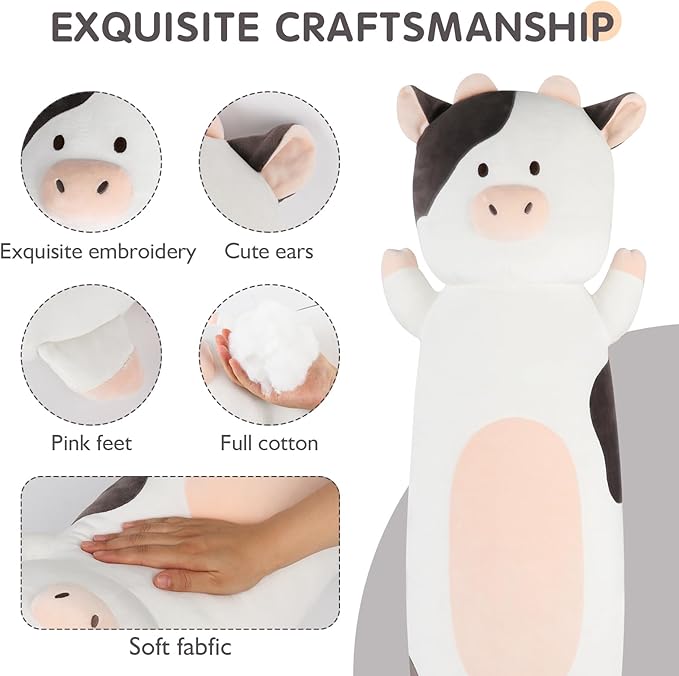 36 inch Milk Cow Stuffed Animal, Soft Long Cuddle Squishy Pillow, Cute Cow Print Body Pillow Plushies Toy Gift for Kids, Boys Birthday