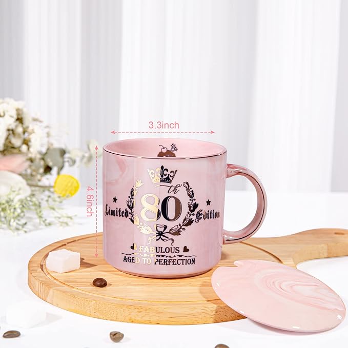 80th Birthday Gifts for Women, 14oz Pink Coffee Mug with Gold Pattern, Best Gifts for 80 Year Old Grandma, Mom, Sister, Friend, Fabulous 80 Limited Edition, 1943 Birthday Gifts for Women.