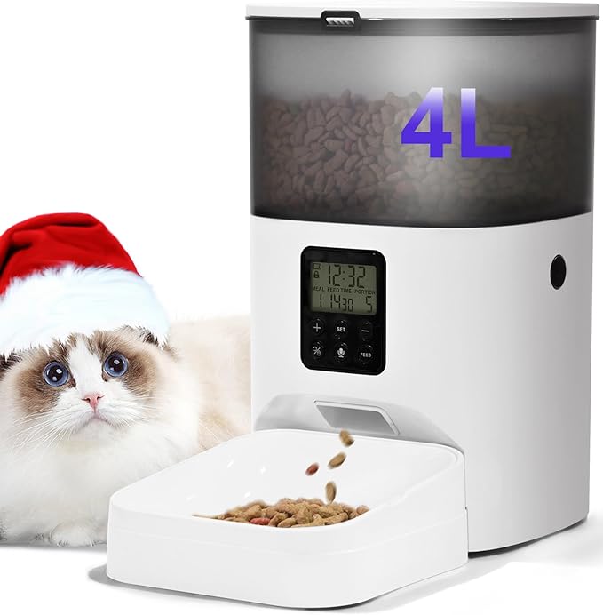 Automatic Cat Feeder, 4L Cat Food Dispenser with 10s Voice Recorder, Pet Feeder up to 8 Meals per Day, Timed Cat Feeder with Dry Food Sealed Ring (White, 4L-Basic)
