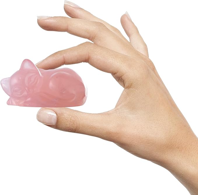 2" Sleeping Cat Statue Rose Quartz Healing Crystals Hand Carved Cute Kitten Figurine, Worry Stone for Anxiety Relif Home Desk Decor Animal Figurine