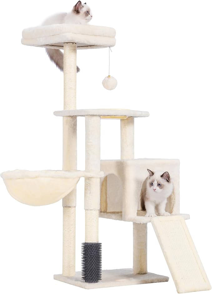 Heybly Cat Tree with Cat Self Groomer Brush, Cat Tower Condo for Indoor Cats with Padded Plush Perch,Cat House with Basket Scratching Board Post, Beige HCT005SM
