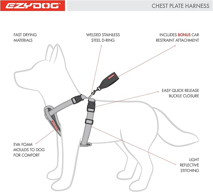 EzyDog Premium Chest Plate Custom Fit Reflective No-Pull Padded Comfort Dog Harness - Perfect for Training, Walking, and Control - Includes Car Restraint Attachment (Medium, Corduroy)