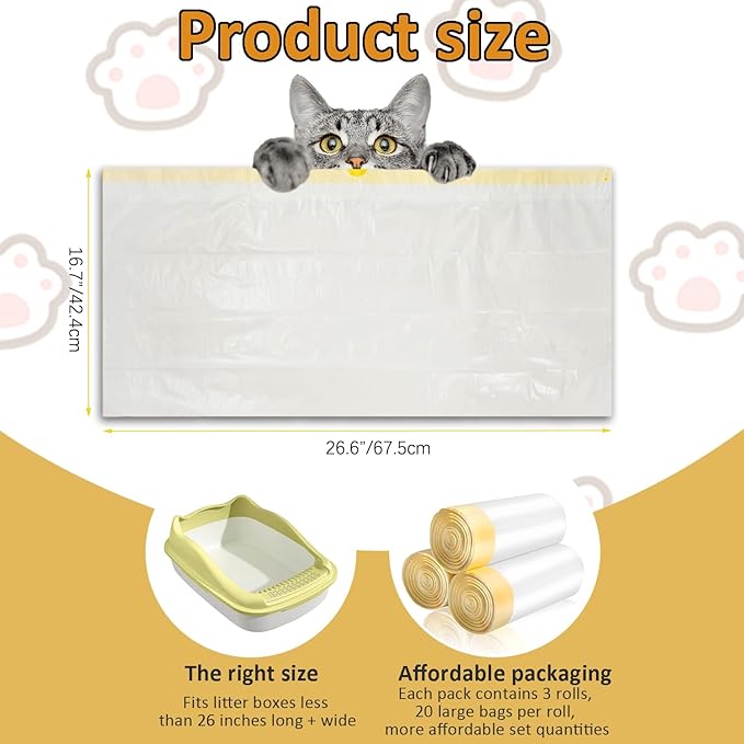 60-Count Cat Litter Box Liners with Drawstring, Compatible with Litter-Robot 3/4, 26.6”X16.7” Heavy Duty Cat Litter Trash Bags, Leak-Proof and Tear-Resistant (26.6”X16.7” 60-Count)