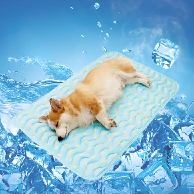 Pet Cooling Mat Cooling Fiber - Washable Non-Toxic Pet Indoor Outdoor Bed, Foldable Pee Pads for Dogs Settle Mat Cooling Dog Blanket Cat Cooling Pad (Blue, Large)