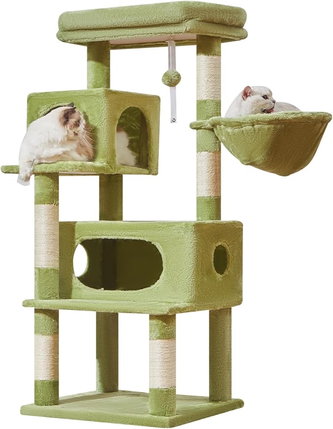Taoqimiao Cat Tree,48.8-Inch Cat Tower for Indoor Cats,2 Luxurious cat condo with Adjustable Large Hanging Baskets and Large Luxurious Perch Green MS029LGR
