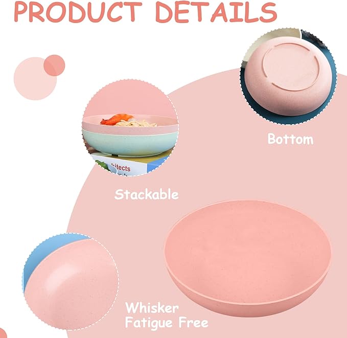 6-Pieces Whisker Fatigue Cat Bowl - 5.5 Inch Shallow Cat Food Dish Wide Cat Wet Feeding Bowls, PET Plate for Kittens and Short Legged Cat, Wheat Straw