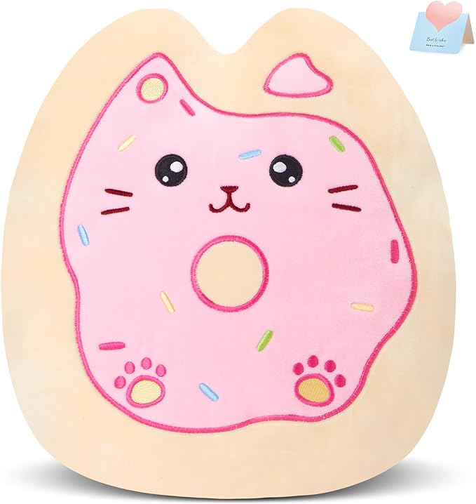 12" Sprinkle Donut Plush Pillow, Pink Cat Plush Kitten Stuffed Animal Squishy Plush Toy Cat Throw Pillow Donut Party Supplies Decorations for Kids Girls