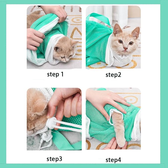 6 Pieces Cat Bathing/Grooming Bag, Adjustable Cat Shower Net Bag and Pet Nail Clippers, Nail File, Grooming Gloves, Tick Tool，Pet Dog and Cat Nail Trimming Check.