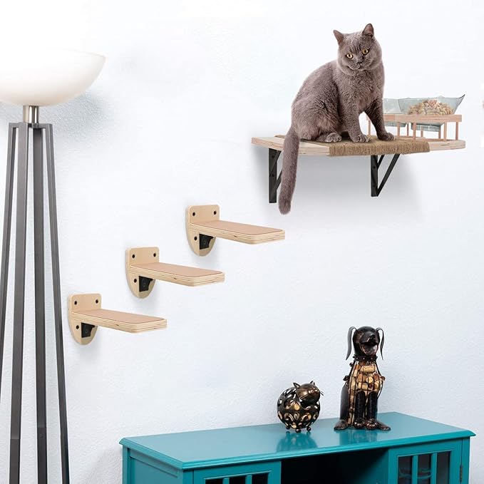 Cat Wall Shelves Cat Hammock with 3 Steps, Cat Shelves and Perches for Wall, Cat Wall Furniture Set, Cat Climbing Shelves Cat Wall Shelf with 2 Cat Food Shelf and Plush Covered, Gift for Cat