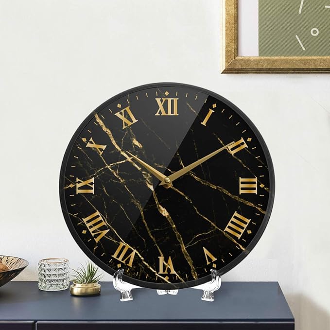 ALAZA Black Marble Print Gold Lines Wall Clock Battery Operated Silent Non Ticking Clocks for Living Room Decor 12 Inch / 9.5 Inch