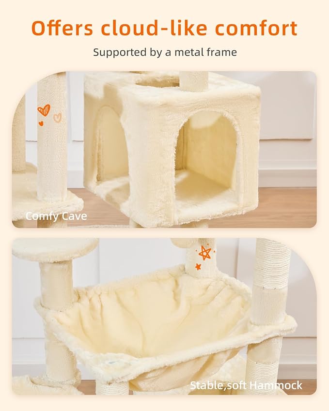Taoqimiao Cat Tree, 51-Inch Cat Tower for Kittens, Cat Tree Tower with 5 Scratching Posts, Plush Cat Condo with Plush Perch, 2 Hammock, Pompoms, Beige MS019XL-M
