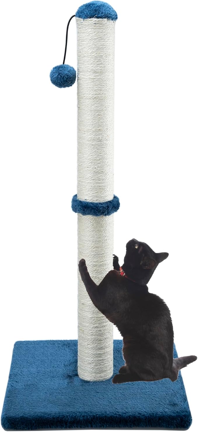 Dimaka 34" Tall Cat Scratching Post for Large Cats and Kittens, High Vertical Scratcher with Premium Natural Sisal Rope and Interactive Hanging Ball for Indoor Cats (Blue, 34 inches)