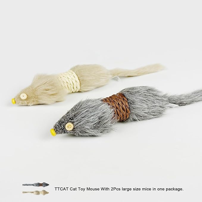 2PCS Cat Mice Toys,Faux Fur Cat Large Size Mice Toys with Plastic Body, Interactive Catch Play Mouse Toy for Indoor Cats,Kittens