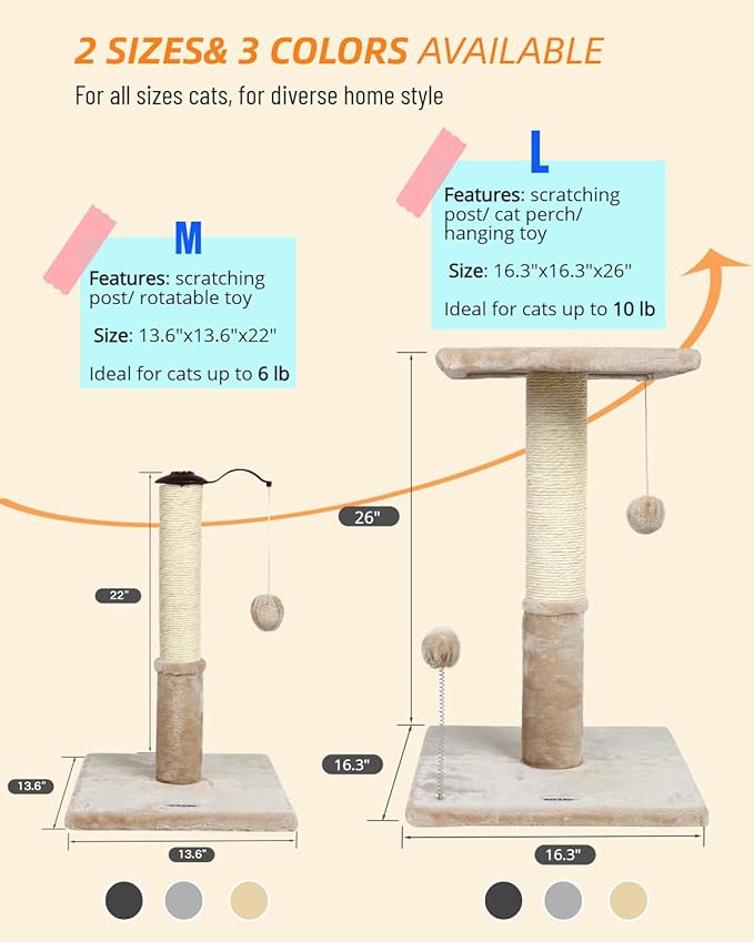 Happi N Pets 26" Cat Scratching Post with Perch, Natural Sisal Scratchers Trees for Indoor Cats, Featuring with Hanging Balls & Cozy Cat Bed, Stable Cat Scratch Posts for Kittens-Beige