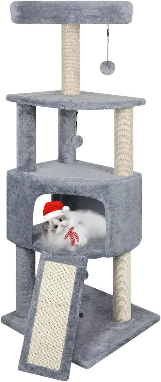 45in Cat Tree Tower with Big Cat Condo for Indoor Cats,Cat Tower Activity Center Cat Furniture with Scratching Post and Hanging Bed,Grey