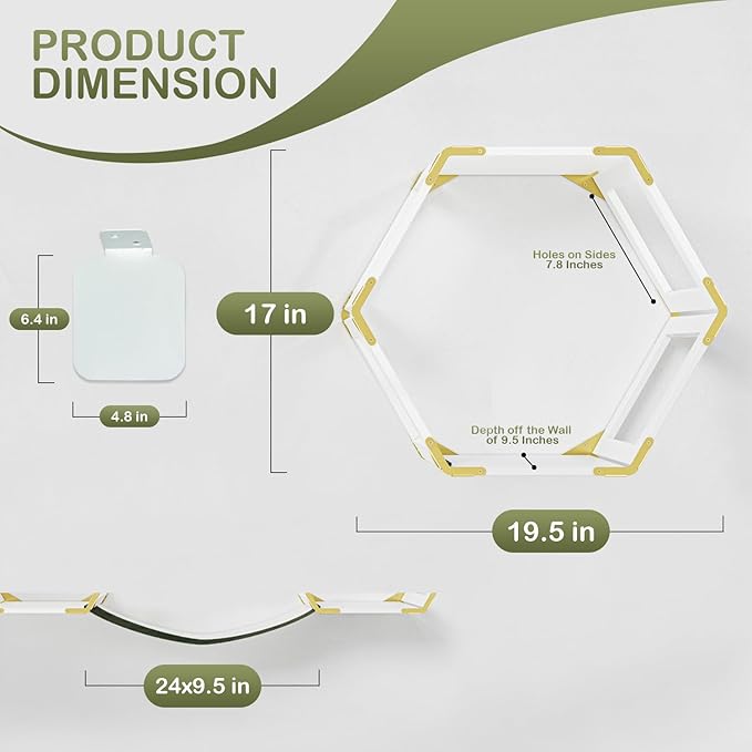 Cat Wall Furniture Set, Wall Mounted Cat Climbing Floating Shelf with Cat Entry Stairs and Hammock, White Perch Hexagons Shelves For Climber Cats, Cat Wall Tree With Window Hammock Bridge Bed