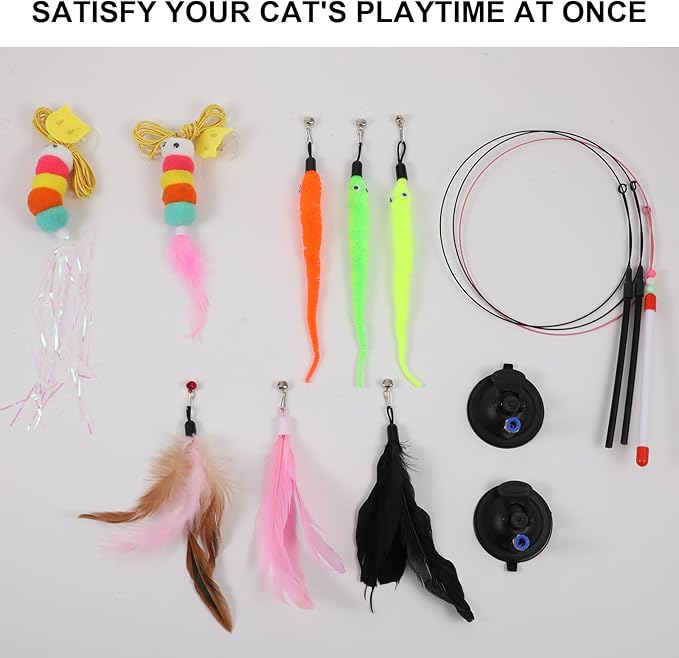 8pcs Cat Feathe Toys, Interactive Cat Toy for Indoor Cats, Suction Cup Cat Toys for Indoor Cats, Replacements Feathers Worm, Hanging Cat String Toy for Bored Indoor Kitten