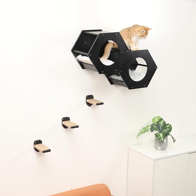 Cat Wall Shelves, Cat Shelves for Wall, Cat Wall Furniture, Cat Shelf with 3 Steps Scratcher Post, Cat Tree Hammock with Plush Wall Mounted, Climbing Shelf Wall Mount for Indoor Cats (Black)