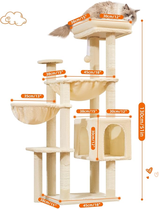 Taoqimiao Cat Tree, 51-Inch Cat Tower for Kittens, Cat Tree Tower with 5 Scratching Posts, Plush Cat Condo with Plush Perch, 2 Hammock, Pompoms, Beige MS019XL-M