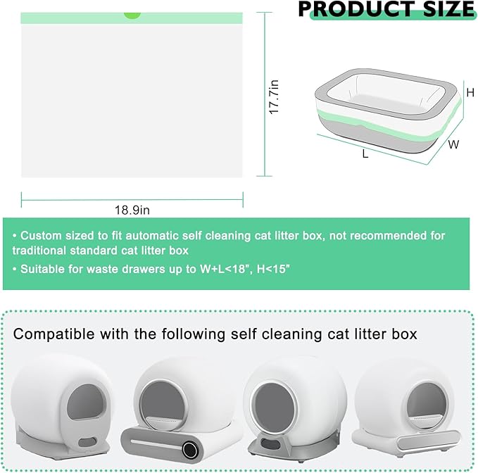 100 Pack Cat Litter Box Liner Bags Compatible with Self-cleaning Cat Litter Box, Thick Heavy Duty Drawstring Automatic Cat Litter Box Waste Drawer Liners-19" x 18"