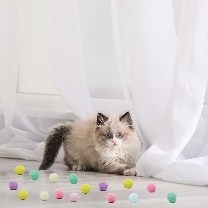 Andiker Cat Toy Balls Set, 30pcs Plush Cat Pom Pom Balls & a Plastic Cat Fetch Toy Launcher Set for Cat Catch and Fetch Interactive Cat Toy with Colorful Cat Balls for Indoor Cat (30 balls+1 launcher)