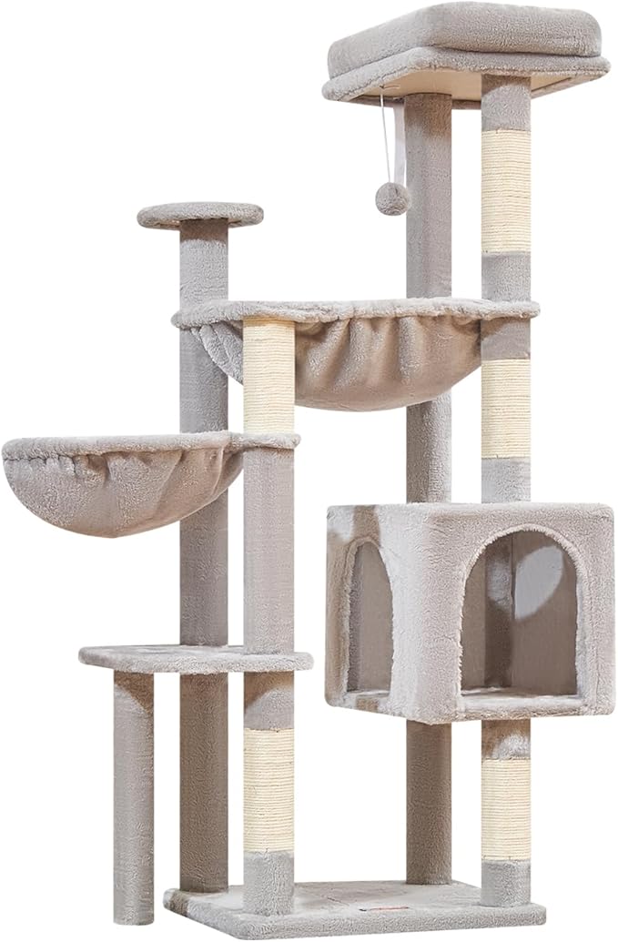 Taoqimiao Cat Tree, 51-Inch Cat Tower for Kittens, Cat Tree Tower with 5 Scratching Posts, Plush Cat Condo with Plush Perch, 2 Hammock, Pompoms, Light Gray MS019XL-W