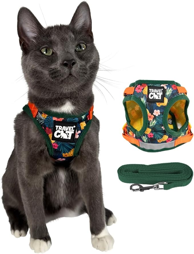 Travel Cat Harness and Leash Set - Adjustable Fit Mesh Cat Harness and Reflective Strap - Comfort Escape Proof Harness for Cats, Kitten for Outdoor Walking, Hiking (Medium, Hawaiian)