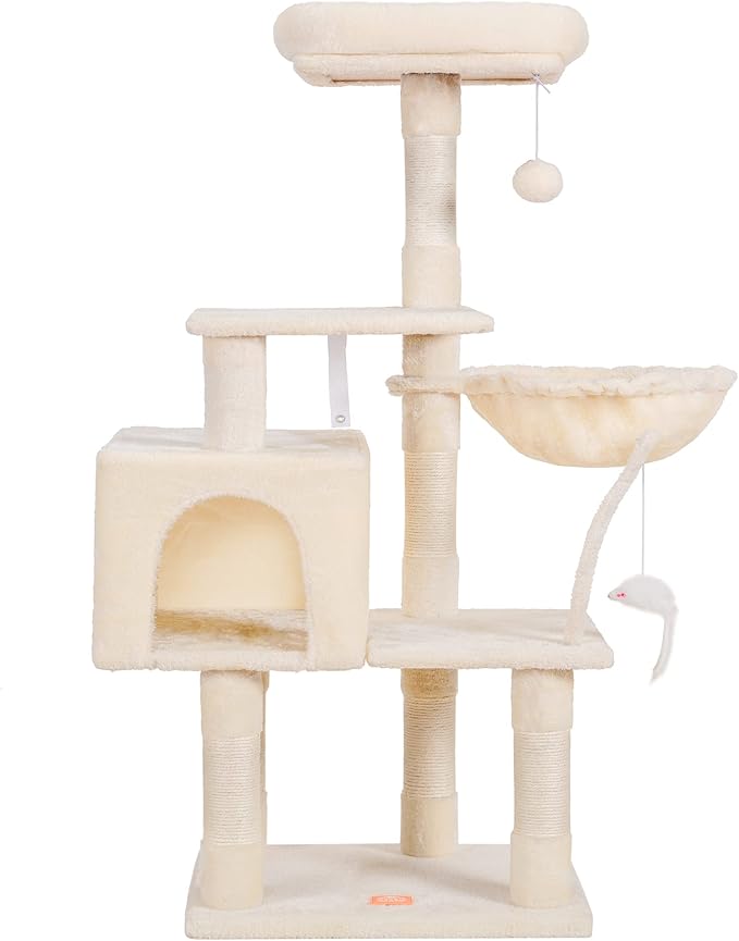 Heybly Cat Tree with Toy, Cat Tower condo for Indoor Cats, Cat House with Padded Plush Perch, Cozy Hammock and Sisal Scratching Posts, Beige HCT004M