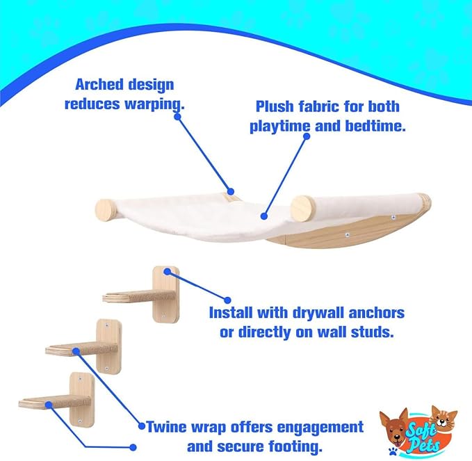 Cat Hammock Wall Mounted Cat Shelf with Three Steps - Cat Wall Shelves and Perches for Sleeping, Playing, Climbing, and Lounging - Modern Cat Bed & Furniture for Large Cats or Kitty, Natural