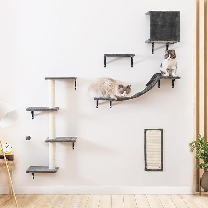 Modern Wall-Mounted Cat Furniture - 5pcs Cat Wall Shelves, Wooden Cat Climber Includes Cat House, Bridge, Tree, Steps, and Scratcher - Grey