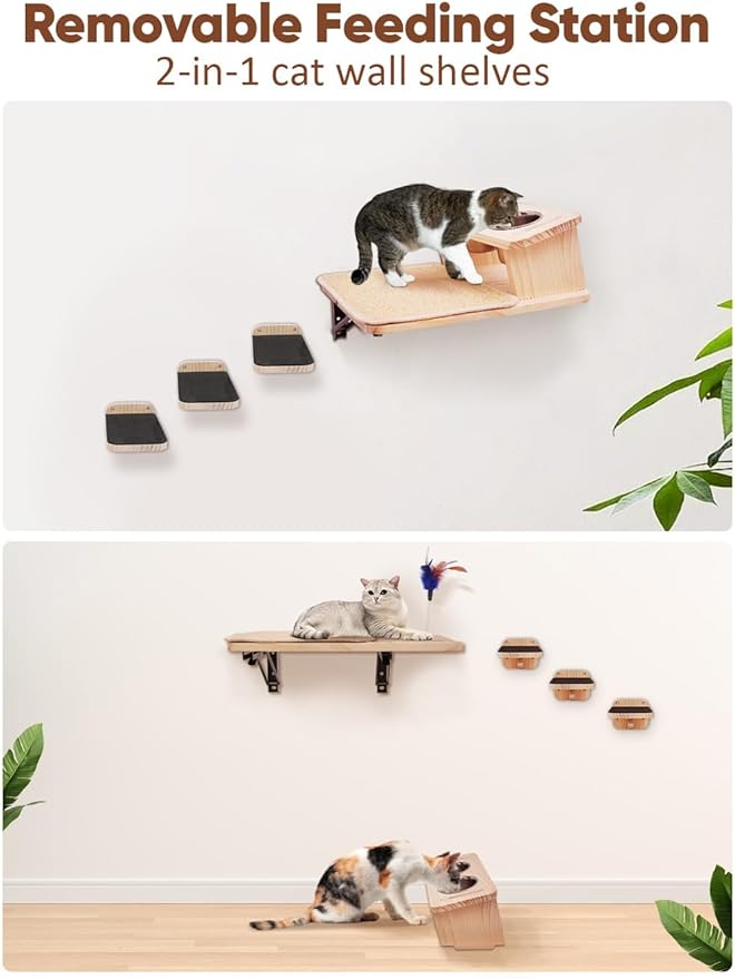 Cat Wall Shelves, Cat Shelves with 3 Cimbing Wall Steps & Cat Feeding Bowls Station, Cat Hammock and Perches for Wall, Cat Wall Furniture Set, Cat Climber Shelves Cat Scratching Post